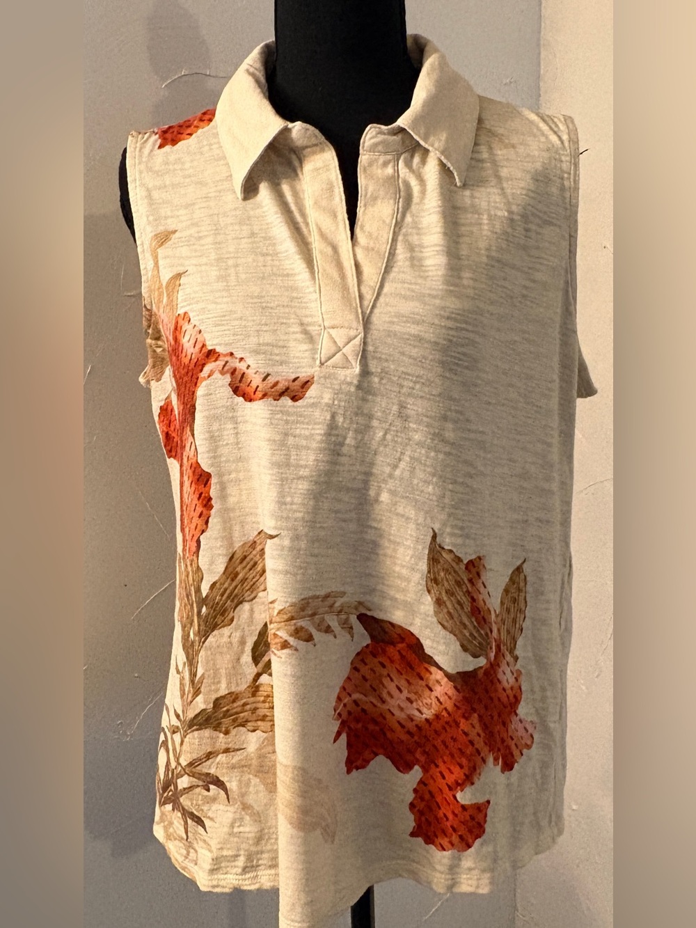 Chico's Cream Sleeveless Collared Tank with Rust Floral Print